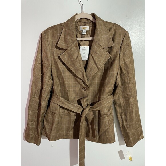 Talbots Blazer 18 Brown Silk Linen Fall Windowpane Old Money Academia Office - Picture 1 of 12